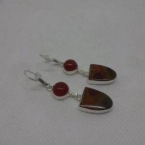 Natural "BLOODSTONE AGATE & CARNELIAN" Handmade Sterling Dangle Earrings #26A